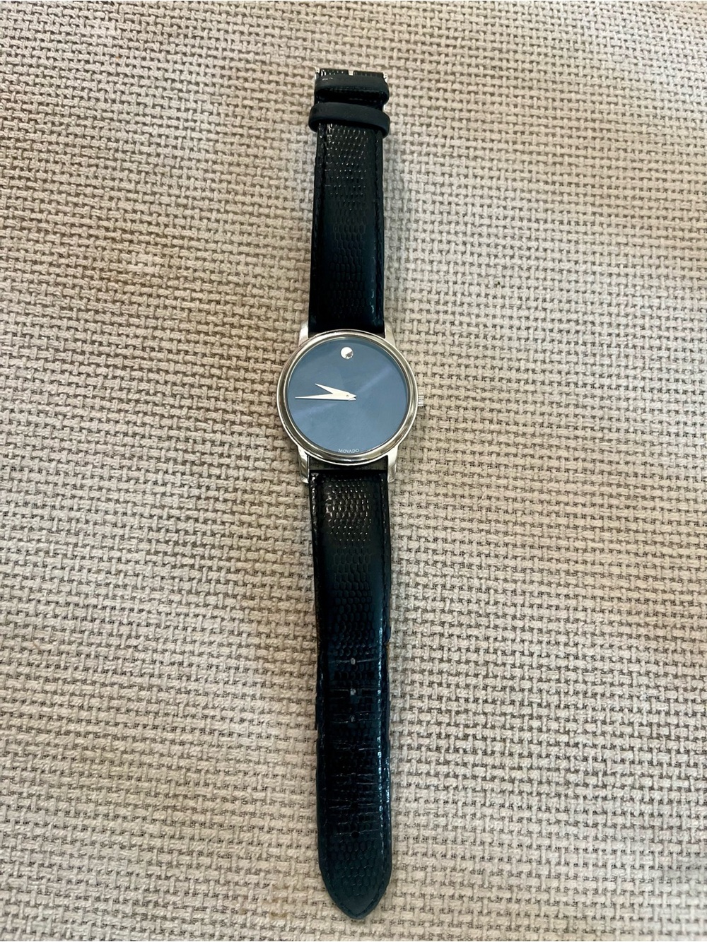 Movado Black Dial Silver Case Leather Strap Watch - Picture 7 of 8